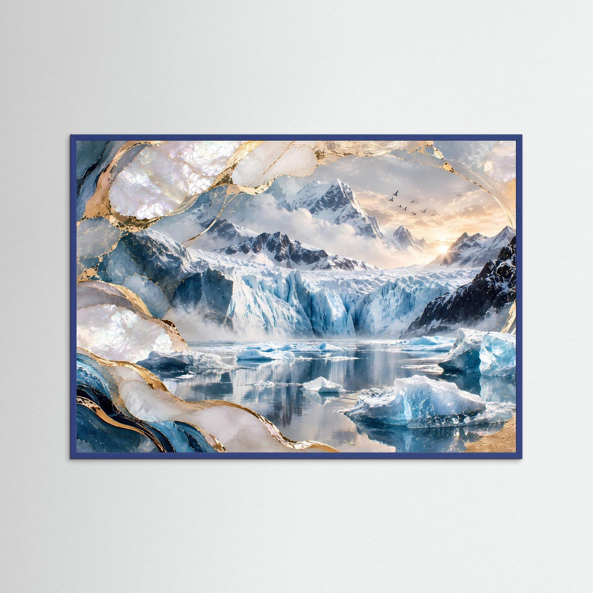 Poster im Querformat mit Gletscherlandschaft, Eissee und goldenen Schmucklinien im blauem Holzrahmen