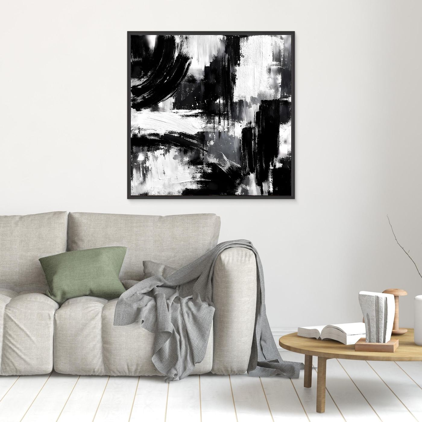 Framed abstract black-and-white canvas with layered brushstrokes and dark rectangular blocks