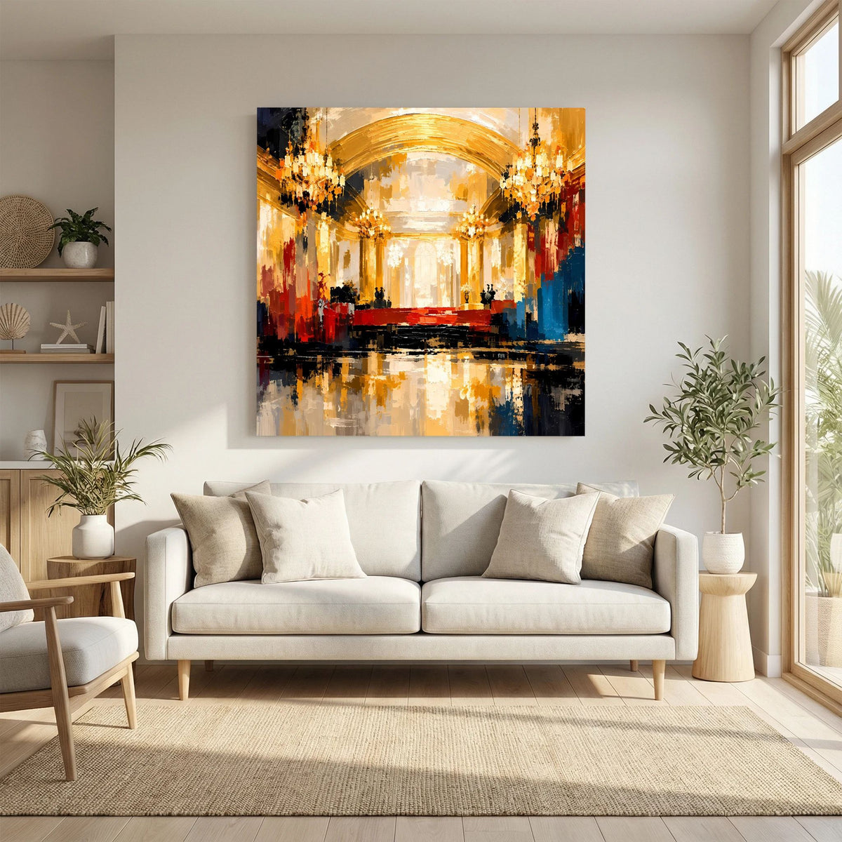 Leinwand Abstraktes Palast Saal Gemälde | Modernes Elegantes Wandbild Ballsaal Gold Rot