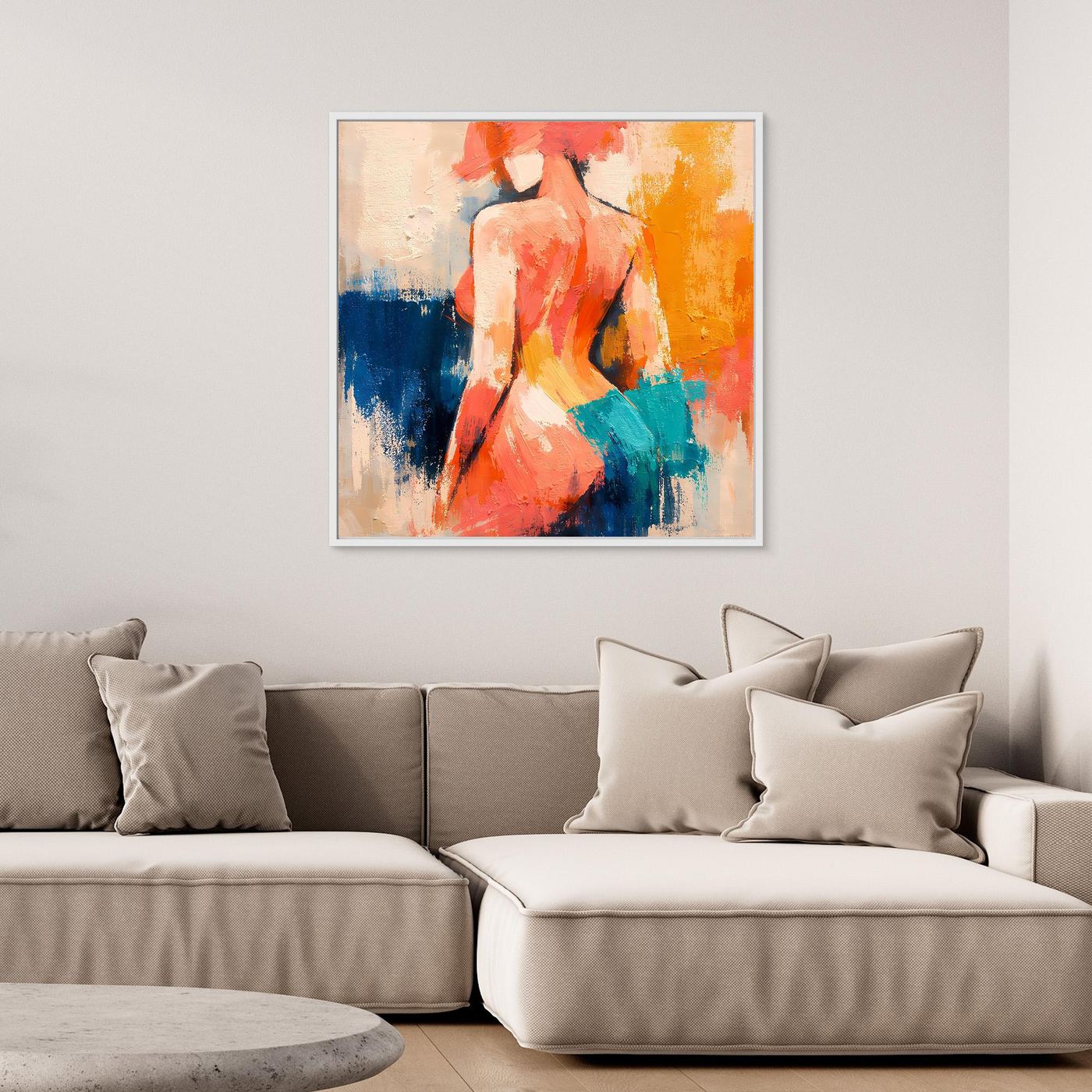 Canvas wall art print of abstract female back silhouette, light frame, multicolor paint