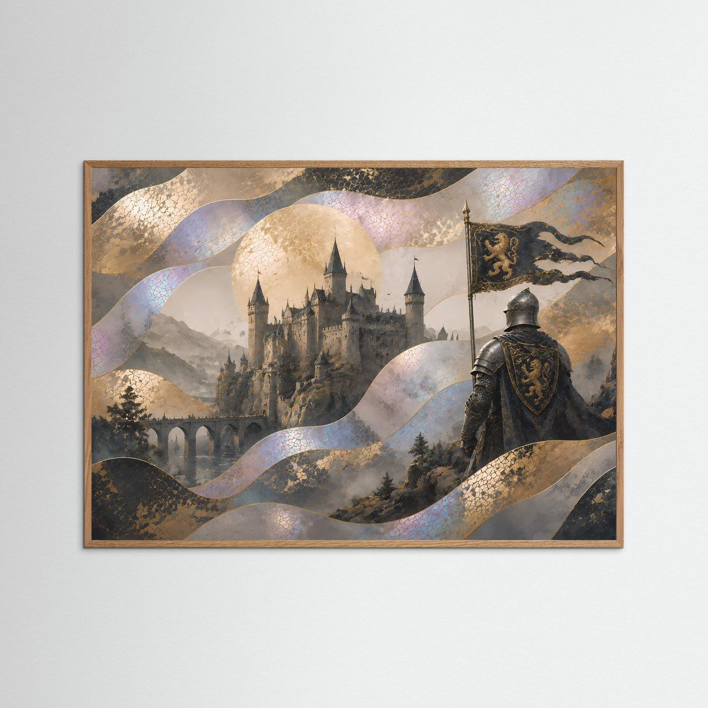 Mittelalter-Poster (Querformat) mit Burgtor, goldenen Wellen und Banner über dem Ritter