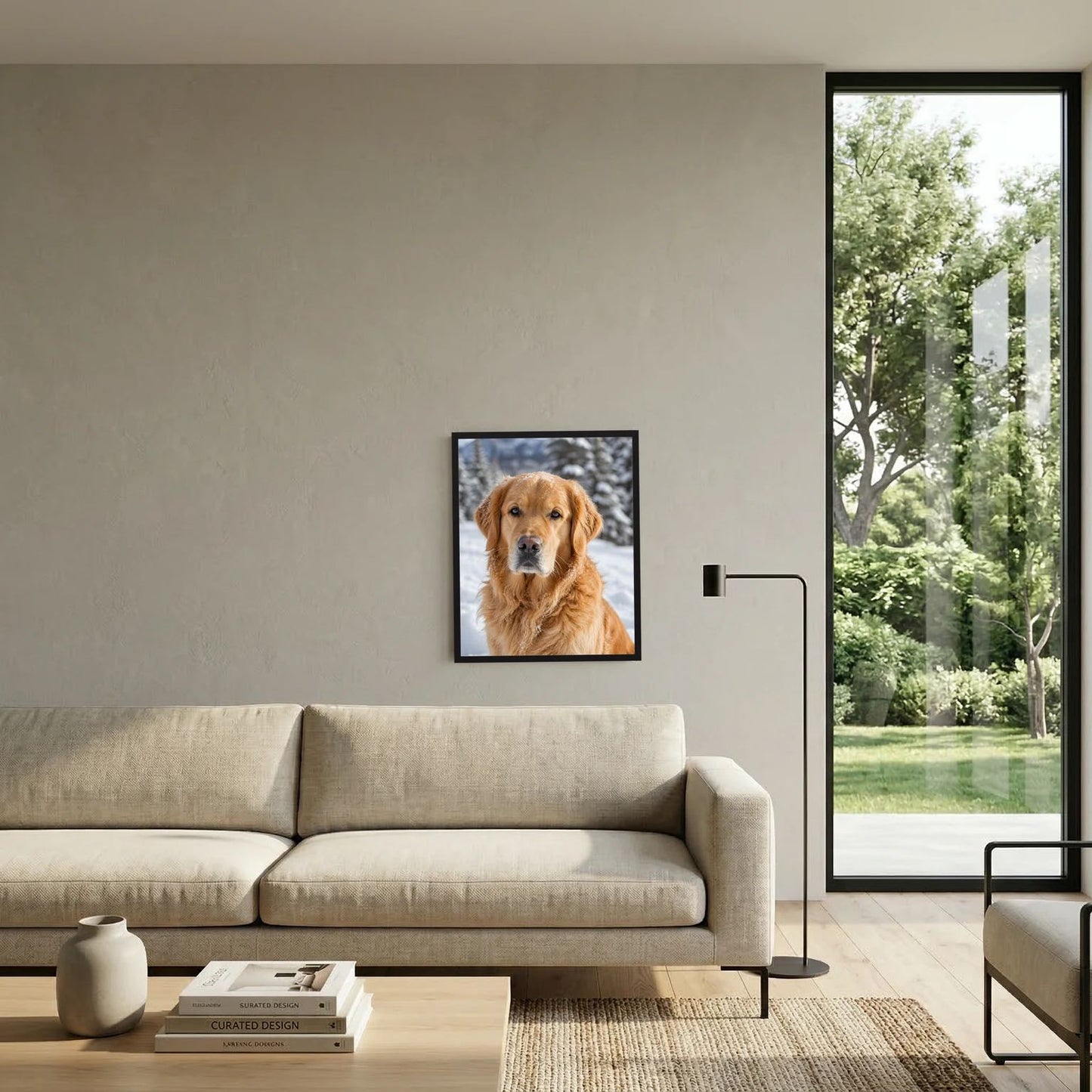 Wandbild mit goldenem Retriever im Schnee im schwarzen Rahmen
