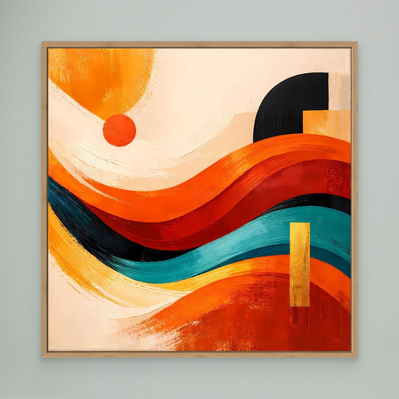 Leinwandbild mit hellem Holzrahmen, abstrakte Wellen und Dünen in Orange, Rot und Türkis