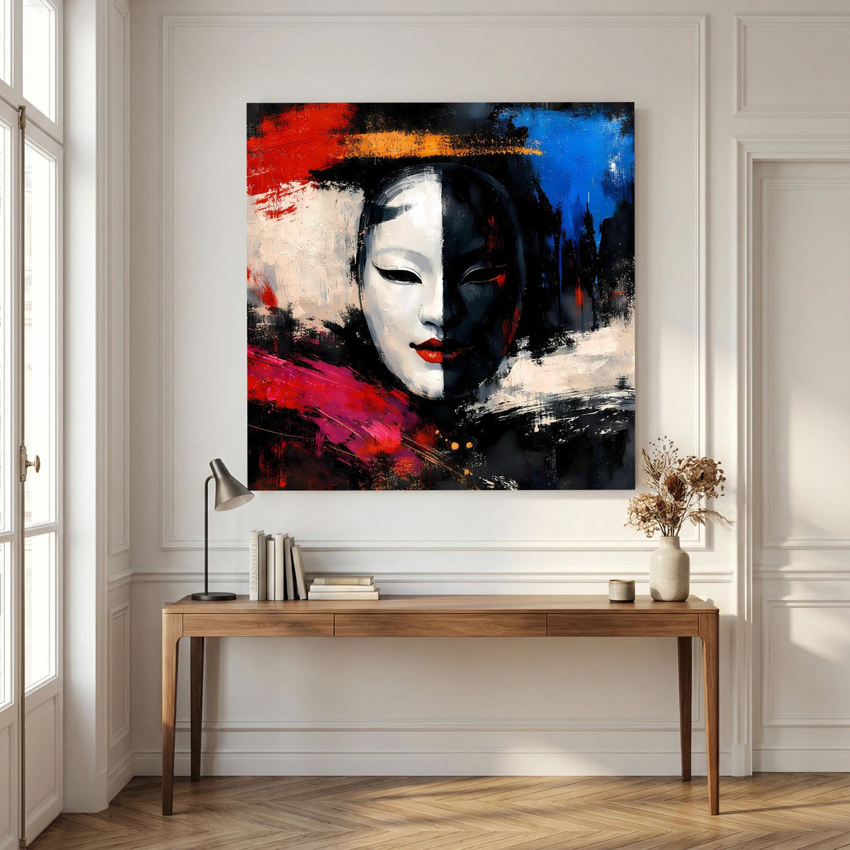 Leinwand-Wandbild mit Geisha-Maske im Pop-Art-Stil, kräftige Farbblöcke in Rot und Blau