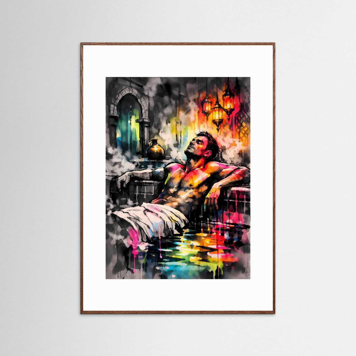 Die Kunst des Orients | Neon Hamam Poster mit orientalischer Silhouette & Regenbogen-Farben | Abstraktes Dampfbad Kunstposter Hochformat