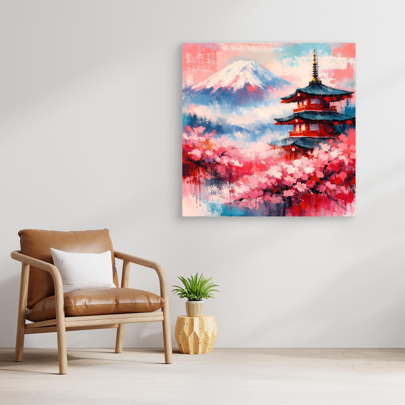 Leinwand-Wandbild: Mount Fuji, Pagode und Kirschblüten in Rot, Blau und Rosa, abstrakt