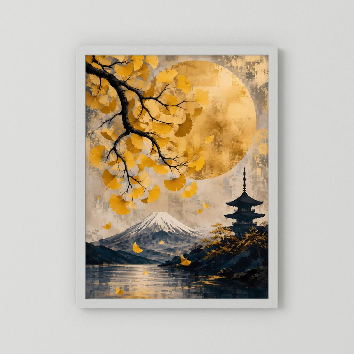 Poster im Hochformat mit weißem Rahmen: Gelbe Ginkgozweige, Fuji, Pagode und Vollmond