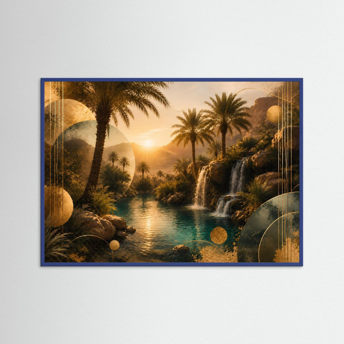 Horizontales Poster mit Palmen und Wasserfall, türkisfarbener Fluss, blau gerahmt