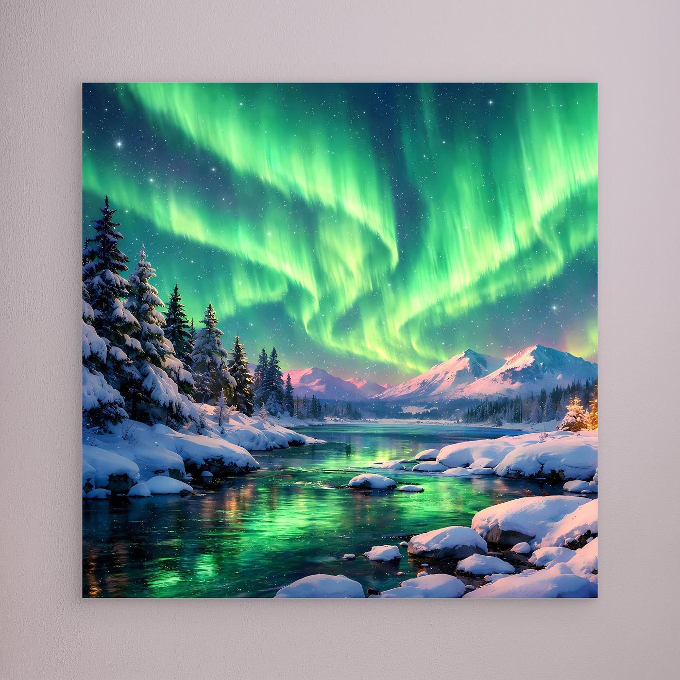 Leinwandbild Magische Polarlichter | Winterliche Polarlicht-Nacht Wandbild auf echtem Holzkeilrahmen
