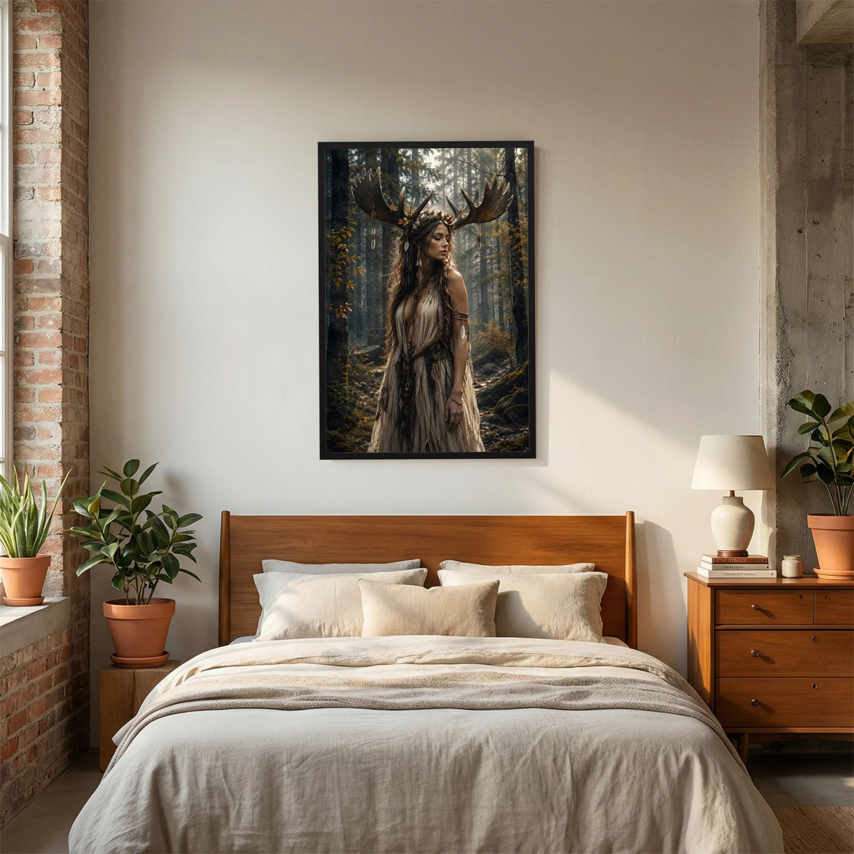 Fantasy-Poster mit Waldgöttin mit Geweih, schwarz gerahmt