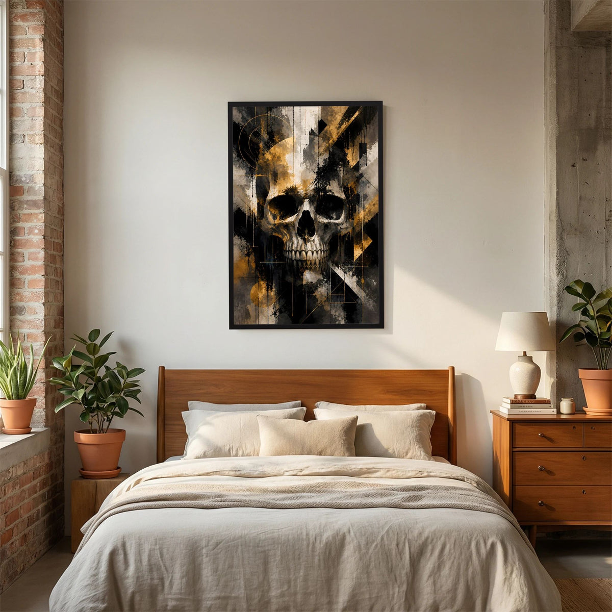 Totenkopf in Schwarz & Gold | Abstrakte Skull Kunst | Poster Hochformat