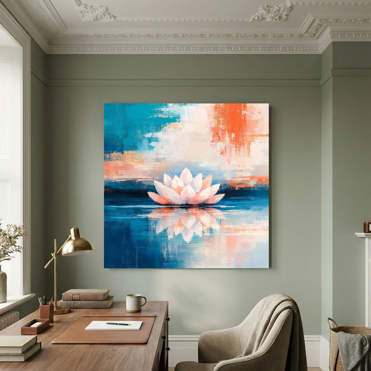 Leinwandbild mit abstrakter Lotusblüte auf Wasser, blau-weiß mit orangefarbenen Akzenten.