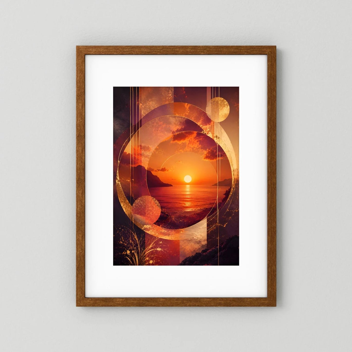 Abstraktes Sonnenuntergangs-Poster mit Kreis- und Liniengrafik über Meer, gold-orange, im Holzrahmen
