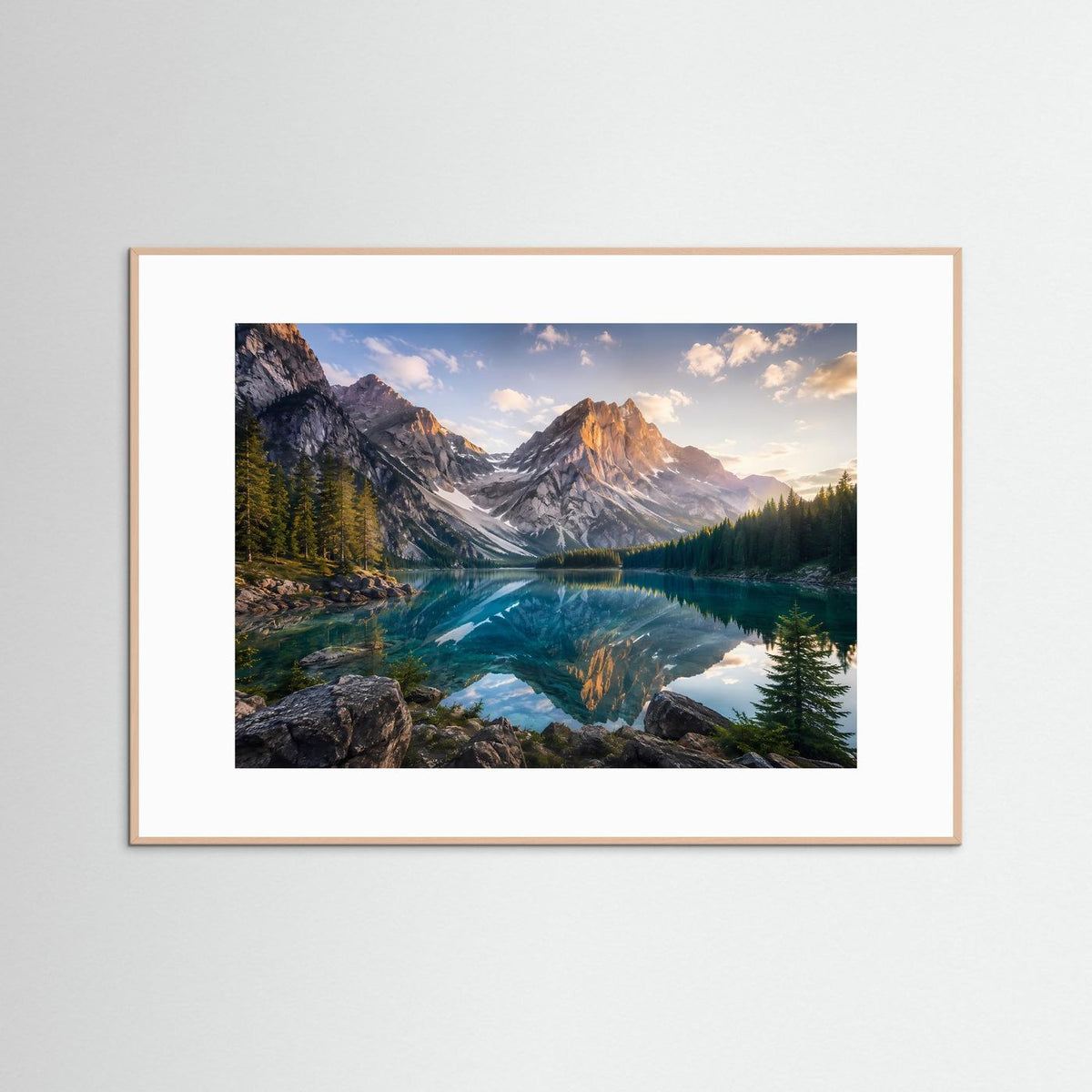 Bergsee-Poster im Querformat mit hellem Holzrahmen und Spiegelung im See