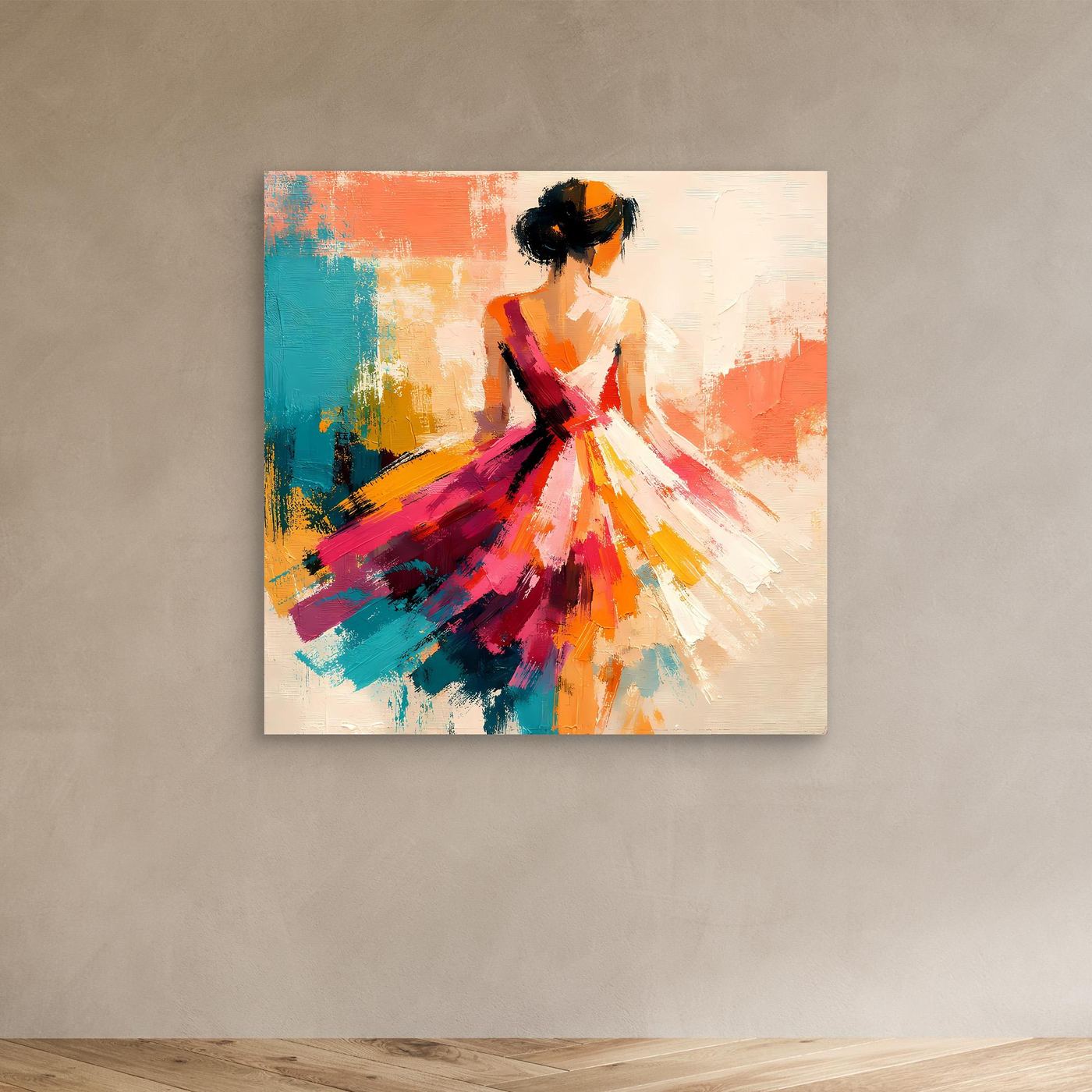 Leinwand-Wandbild: abstrakte Frau im bunten Kleid, ohne sichtbaren Rahmen, Gesamtansicht im Raum.