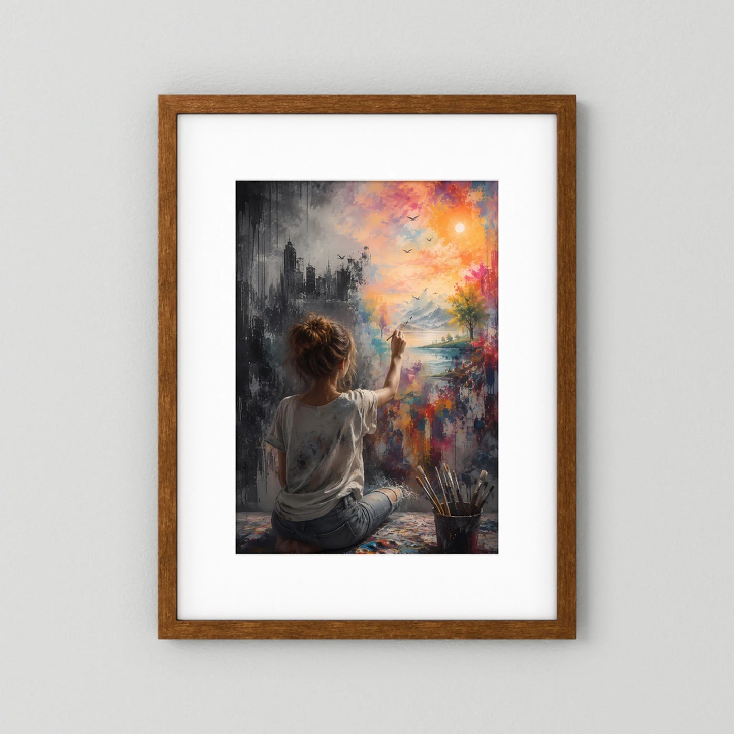 Hochformatiges Poster mit dunklem Holzrahmen und weißem Passepartout, Motiv: Frau malt