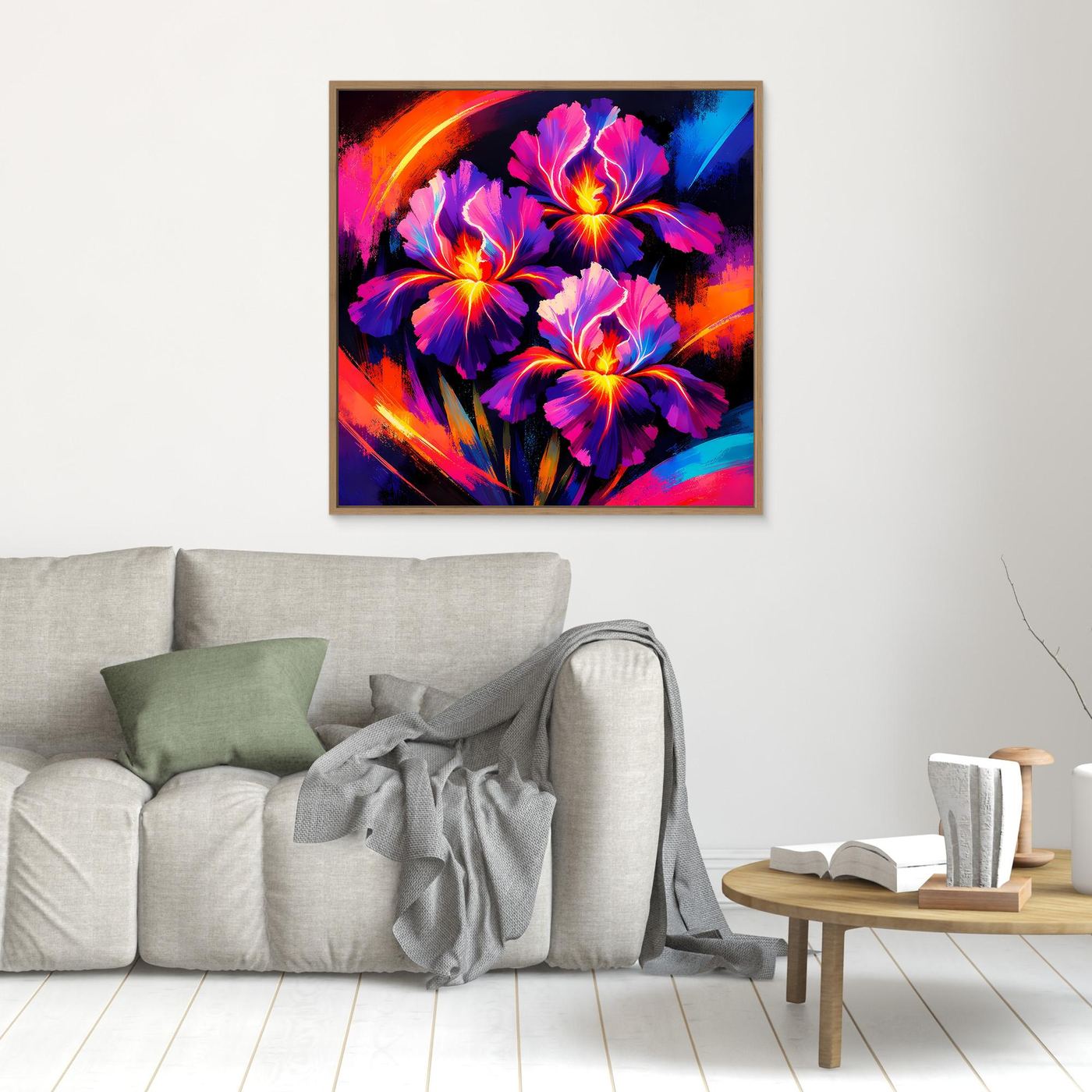 Leinwand-Wandbild mit abstrakten Irisblüten in Neonfarben, mit Rahmen