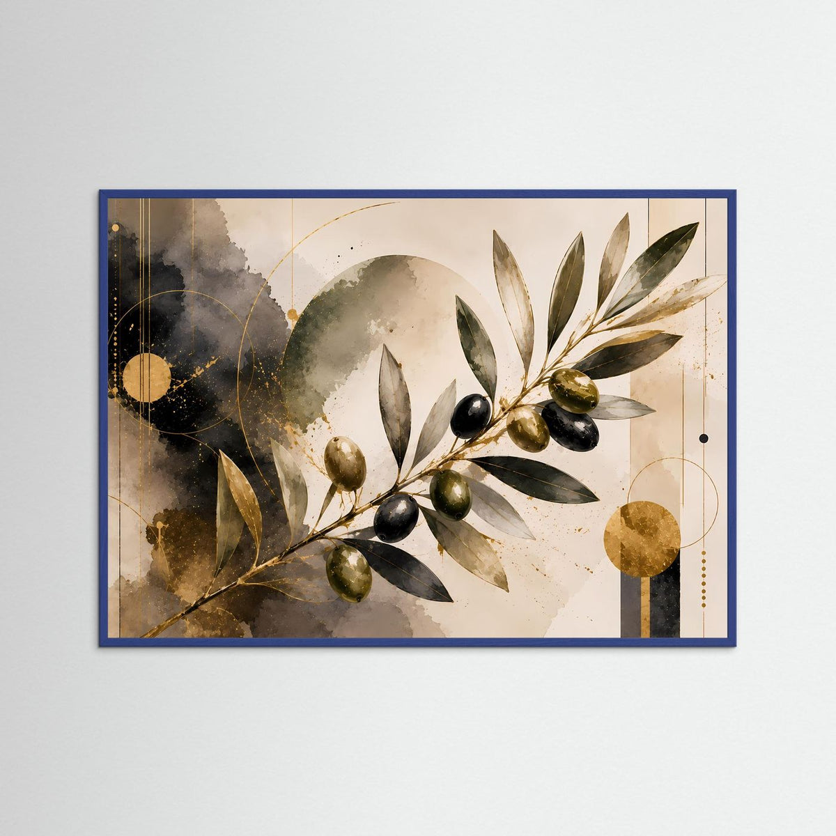 Gerahmtes Poster mit Olivenzweig in Schwarz und Gold, Blätter und Oliven, Querformat