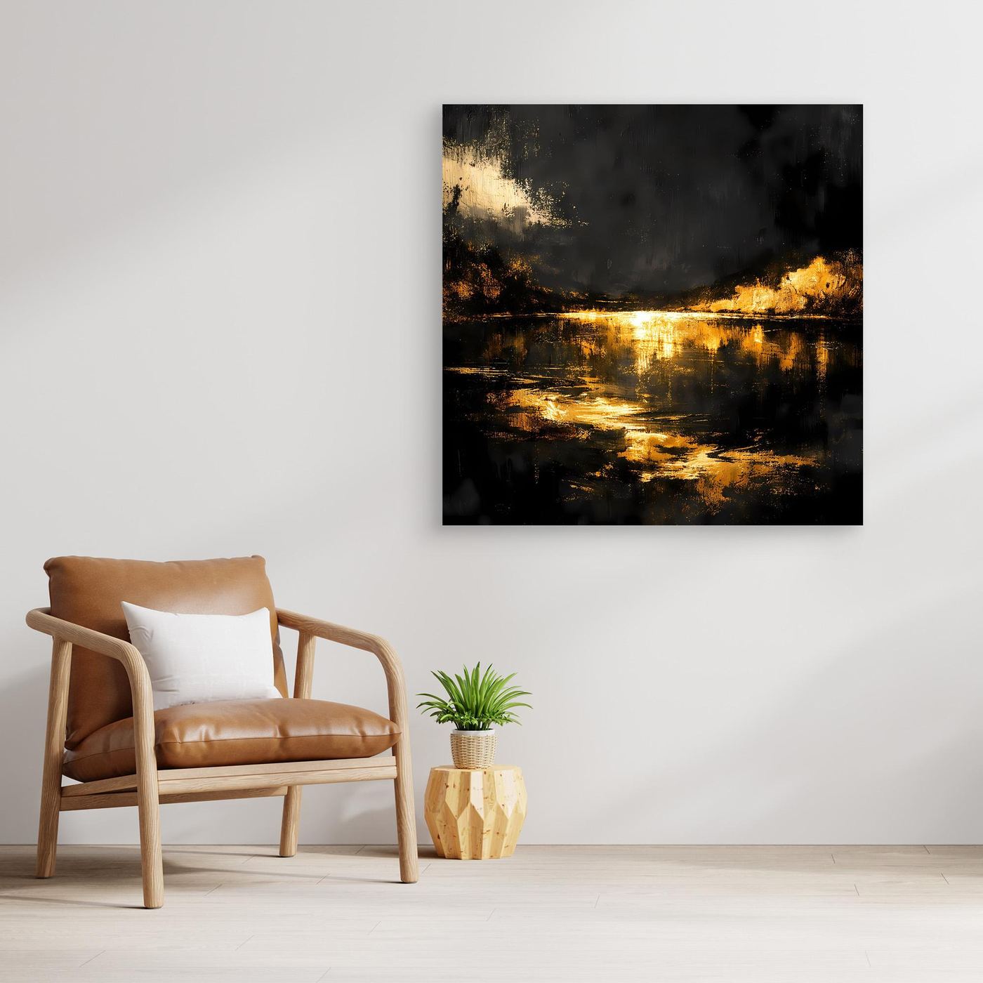 Leinwand Goldene Flusslandschaft bei Nacht | Abstraktes Natur Wandbild Moderne Kunst