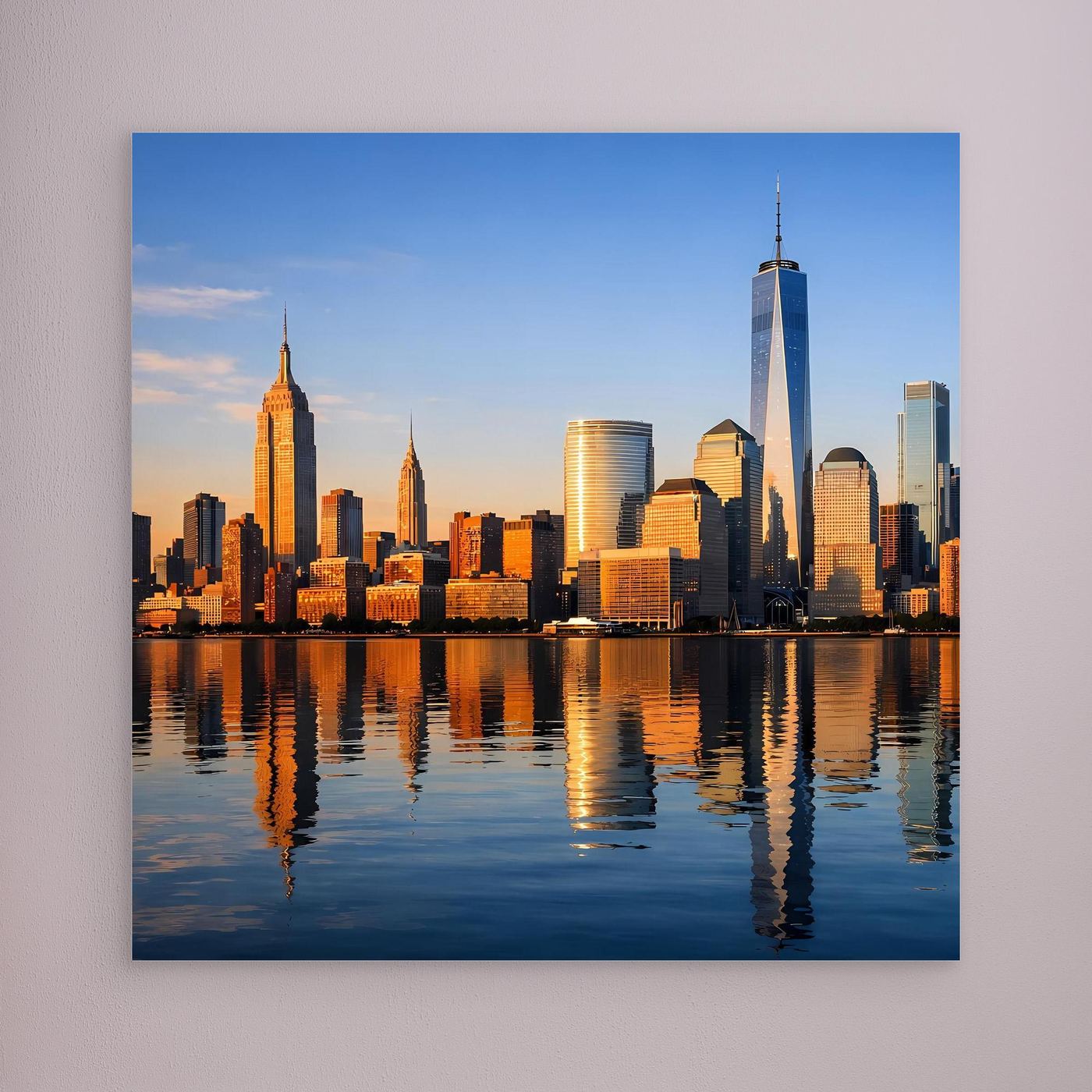 Leinwandbild mit New-York-Skyline bei Sonnenuntergang und Spiegelung im Wasser