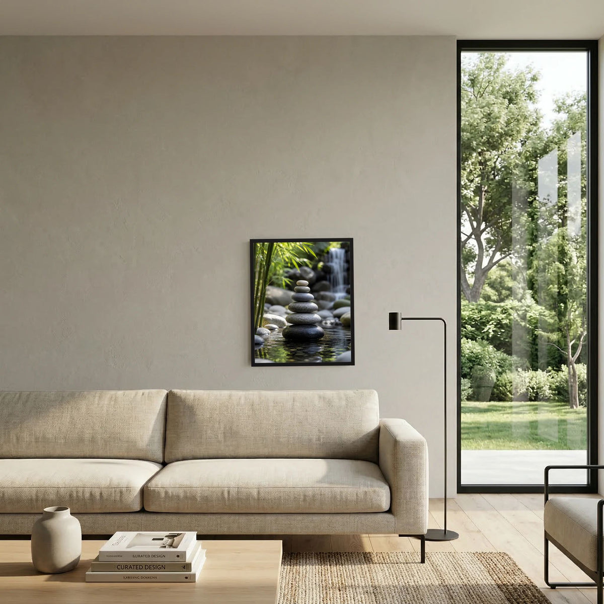 Hochformat-Kunstposter mit Steinturm, Bambus und Wasserfall, gerahmt an der Wand