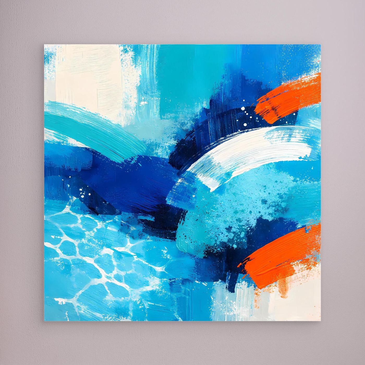 Blue and orange abstract ocean wave canvas without a visible frame.
