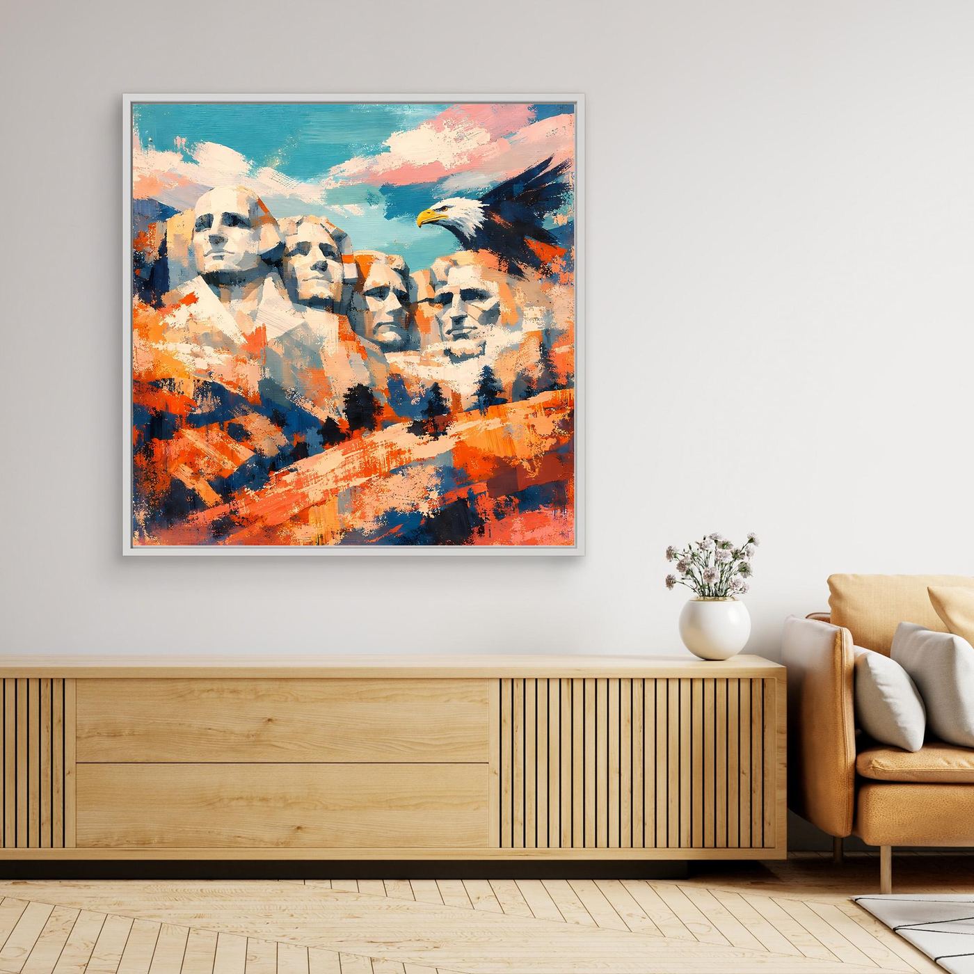 Gerahmtes abstraktes Leinwand-Wandbild mit Adler und Gesichtern, blau-orangene Farbflächen