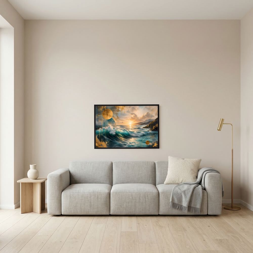 Gerahmtes Poster mit abstrakter Meereswelle bei Sonnenuntergang, Gold- und Blautöne, schwarzer Rahmen