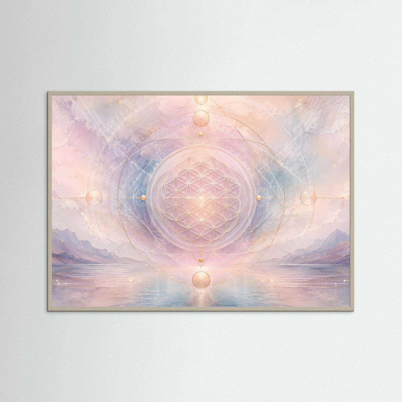 Gerahmtes Poster: Blume-des-Lebens-Mandala in Pastellrosa und Blau, graue Holzrahmung.