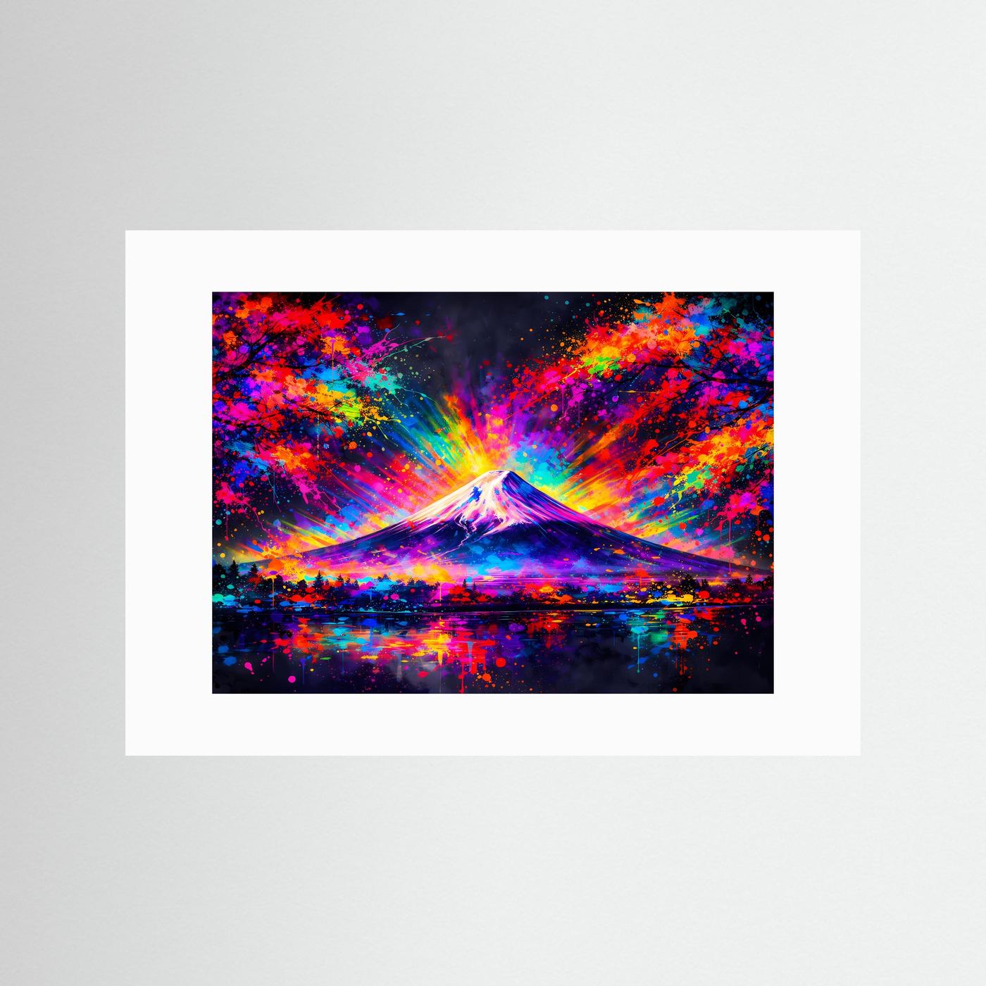 Kunstposter mit hellem Passepartout: Pop-Art Mount Fuji mit bunten Strahlen und Wasserreflexion