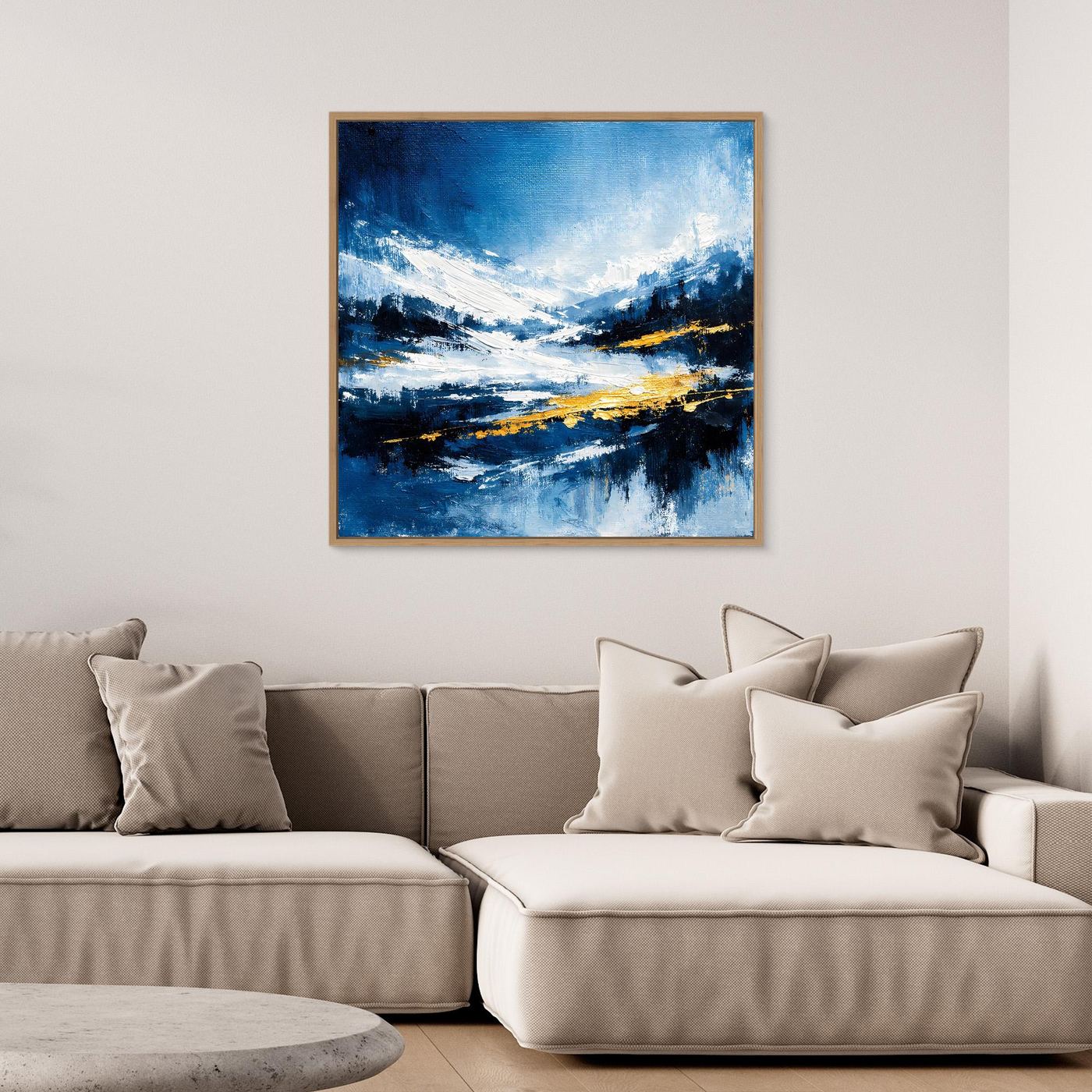 Leinwand Abstraktes Wintergemälde in Blau und Gold | Modernes Schnee & Berge Wandbild