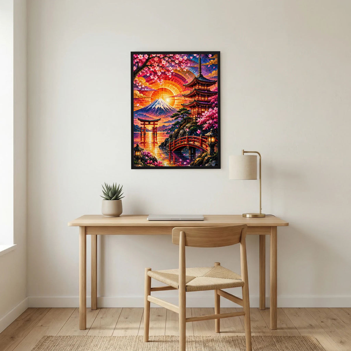 Gerahmtes Poster mit buntem Mosaik: Pagode rechts, Fuji und Sakura bei warmem Abendlicht