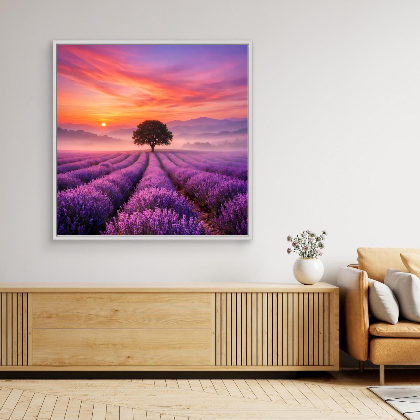 Leinwandbild mit Lavendelfeld bei Sonnenuntergang und hellem Rahmen