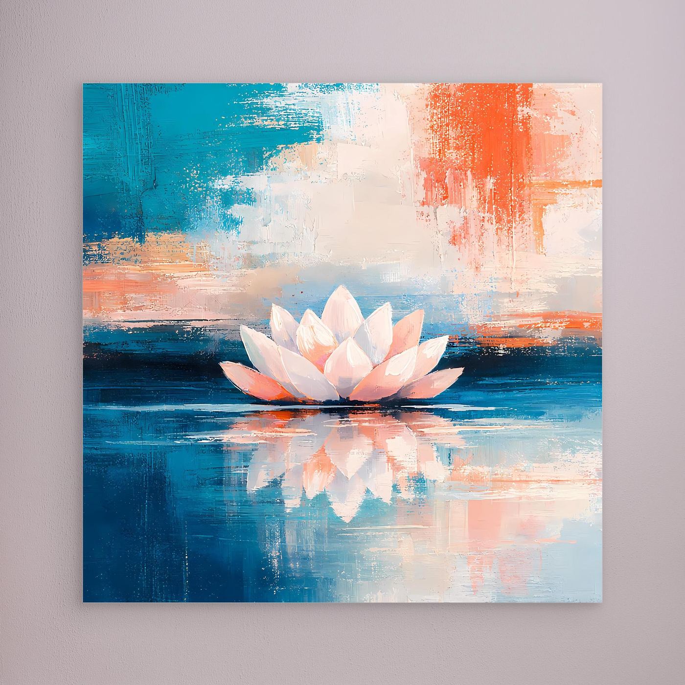 Leinwand Abstrakte Lotusblüte auf dem Wasser | Modernes Seerosen Wandbild Blau Orange