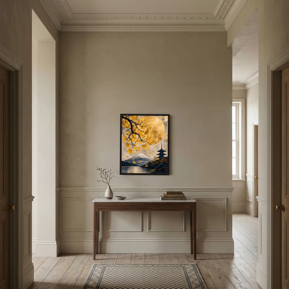 Gerahmtes Poster im Flur an Wand: Fuji, Pagode, Mond und goldgelbe Ginkgoblätter vor See