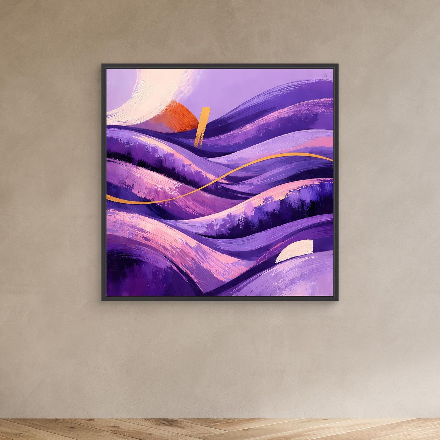 Leinwandbild Wellental in Violett mit Goldlinie und orangefarbener Akzentspur, schwarzer Rahmen