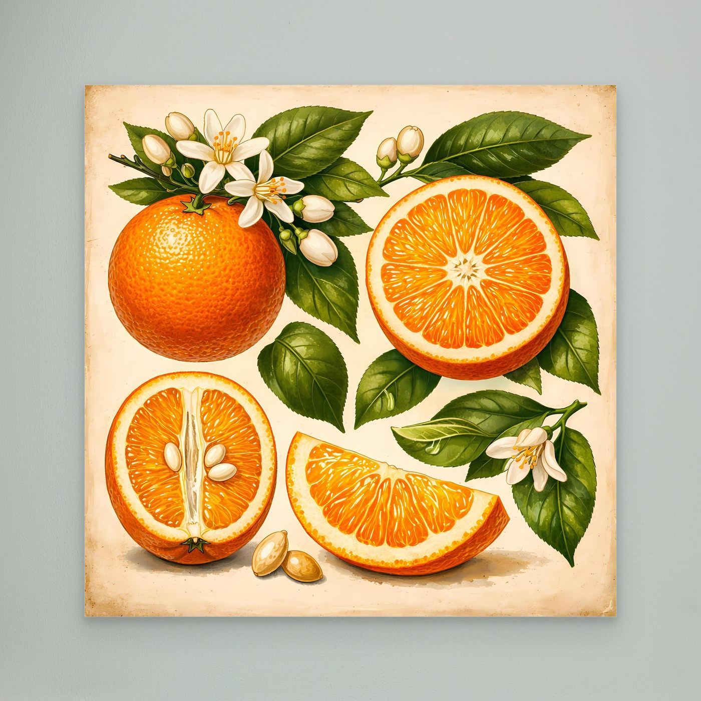 Leinwandbild mit Orangen, Orangehälften, grünen Blättern und weißen Blüten