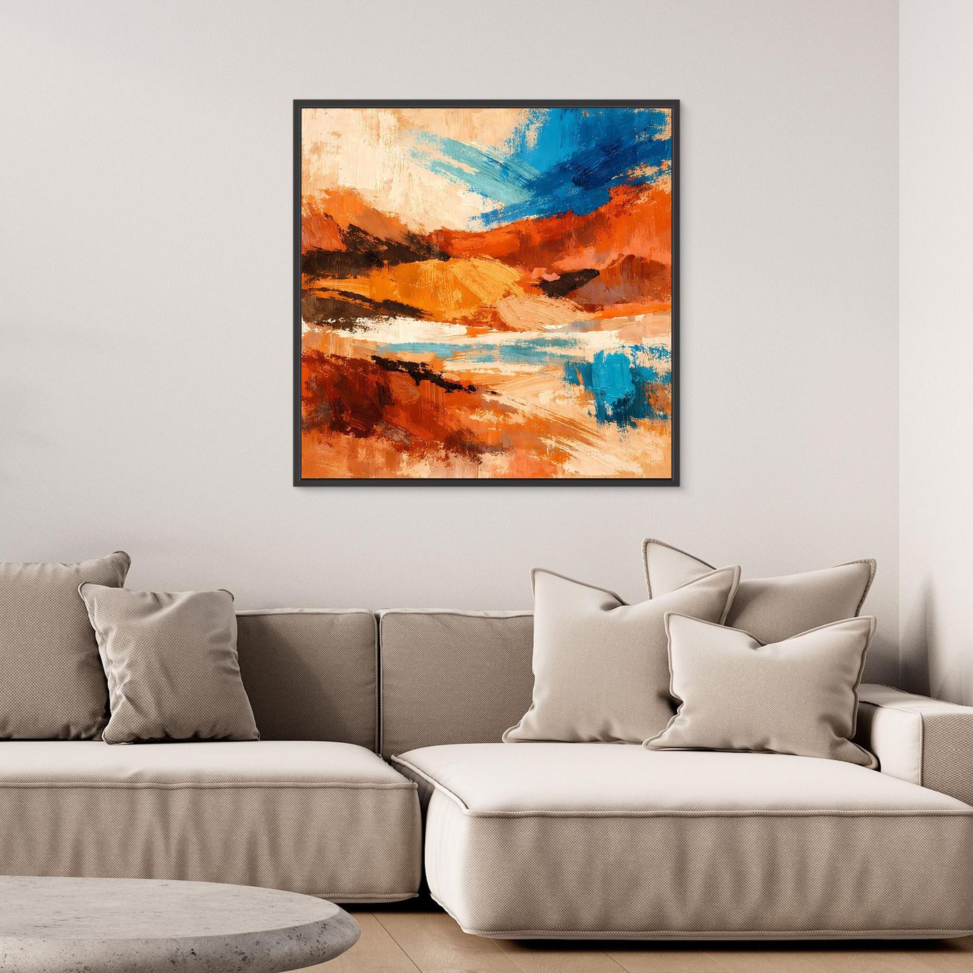Gerahmtes abstraktes Leinwand-Wandbild, orange-blaue Wüstenlandschaft mit Streifen