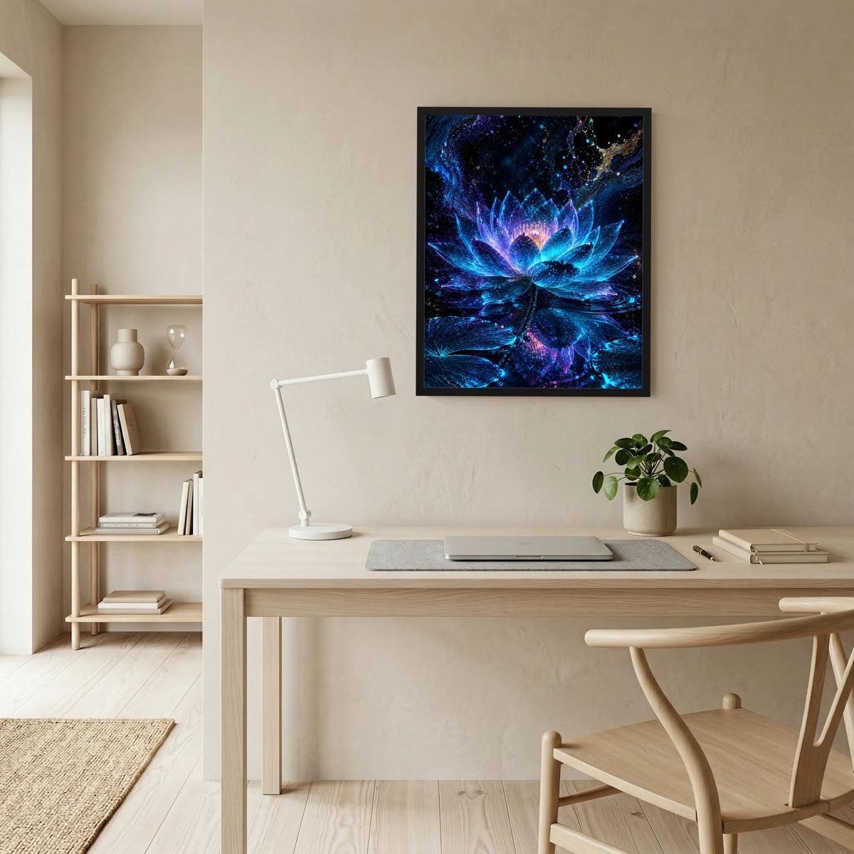 Gerahmtes Kunstposter: blaue Lotusblüte mit glitzerndem Hintergrund