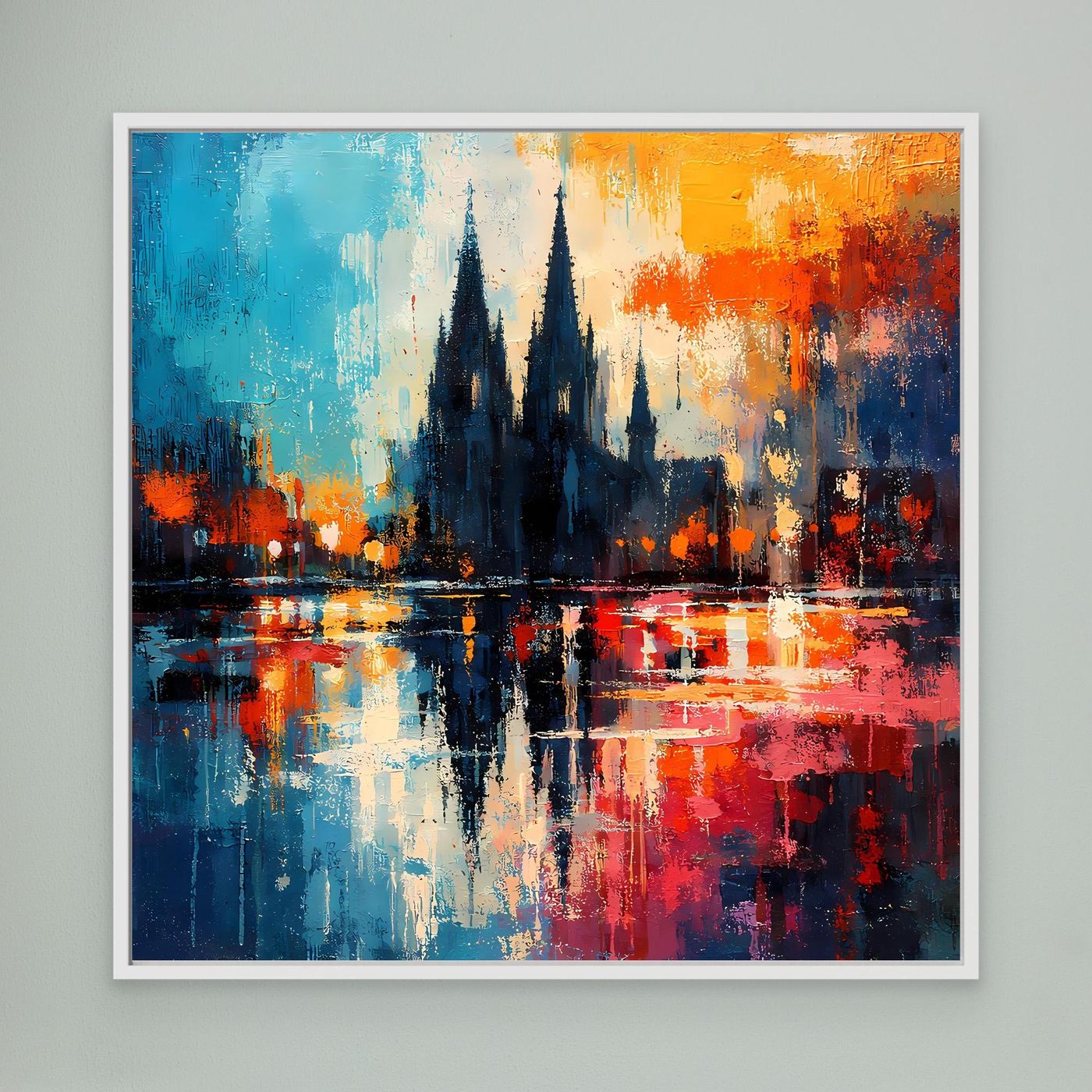 Wandbild mit weißem Rahmen: abstrakte Köln-Dom-Silhouette mit Spiegelung, blau-orange-rot.