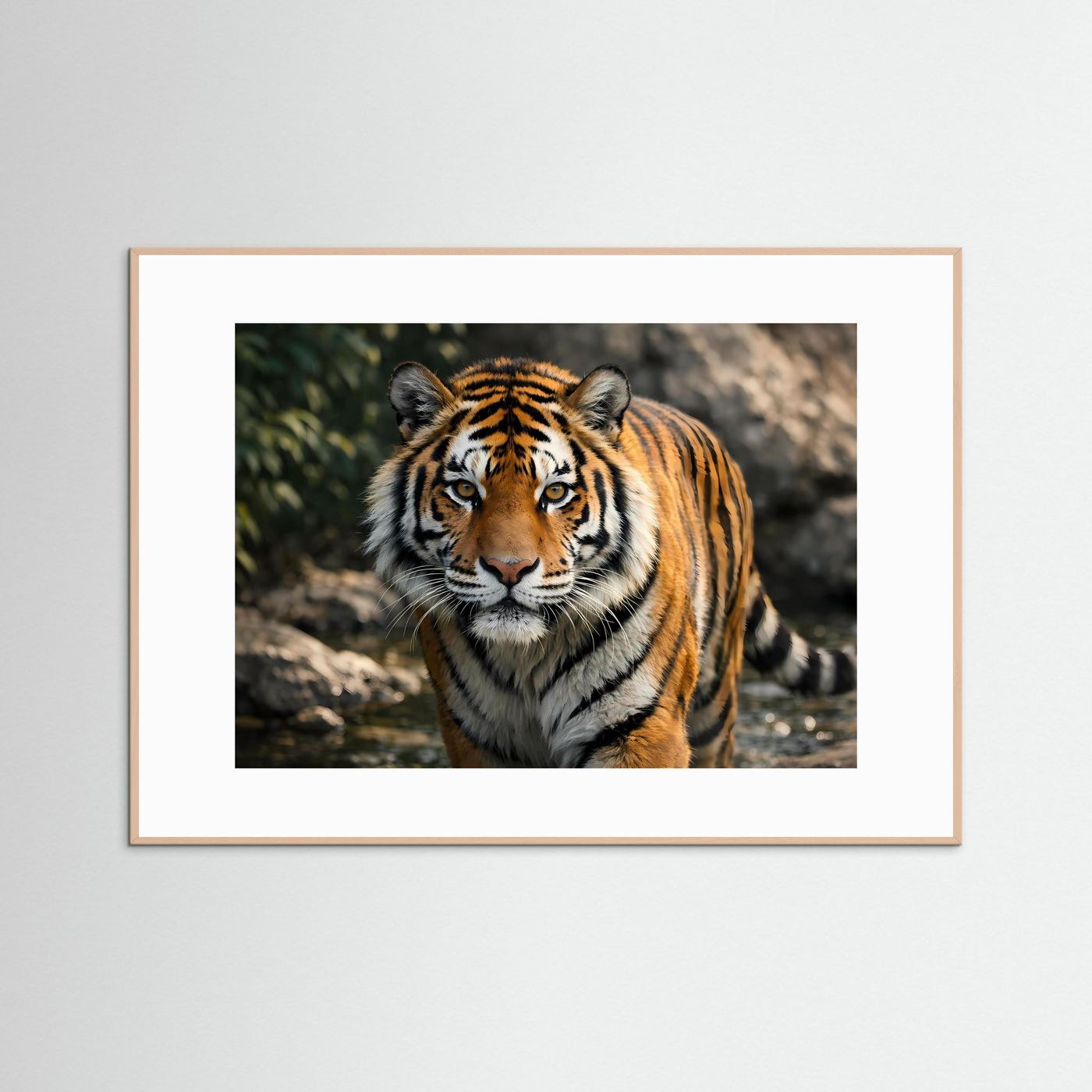 Querformat-Tigerposter mit orangebraunem Tiger im hellen Holzrahmen mit weißem Rand