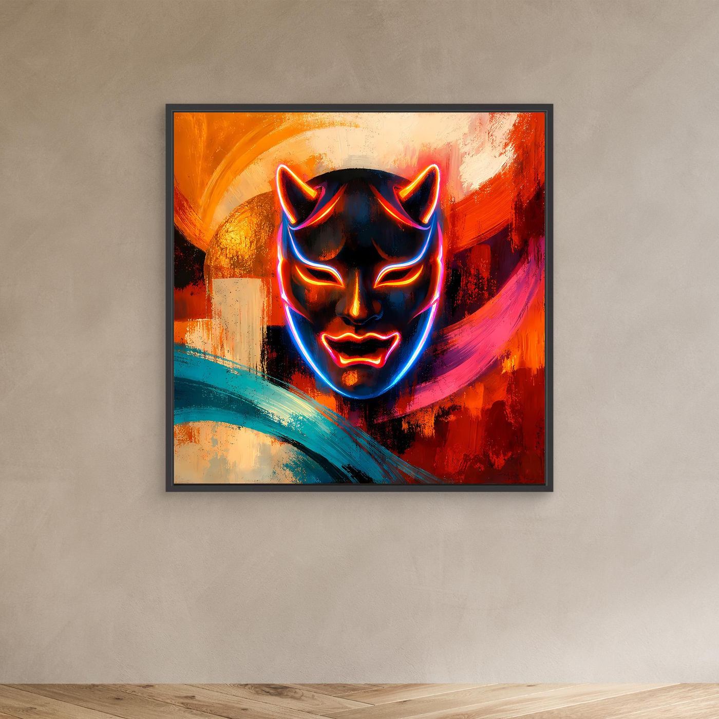 Leinwandbild mit Neon-Oni-Maske, neonblaue Umrandung, rote Farbflächen, schwarzer Rahmen