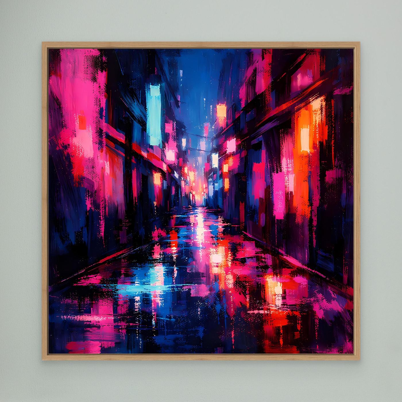 Leinwand Cyberpunk Nachtgasse im Regen | Modernes Neon Wandbild