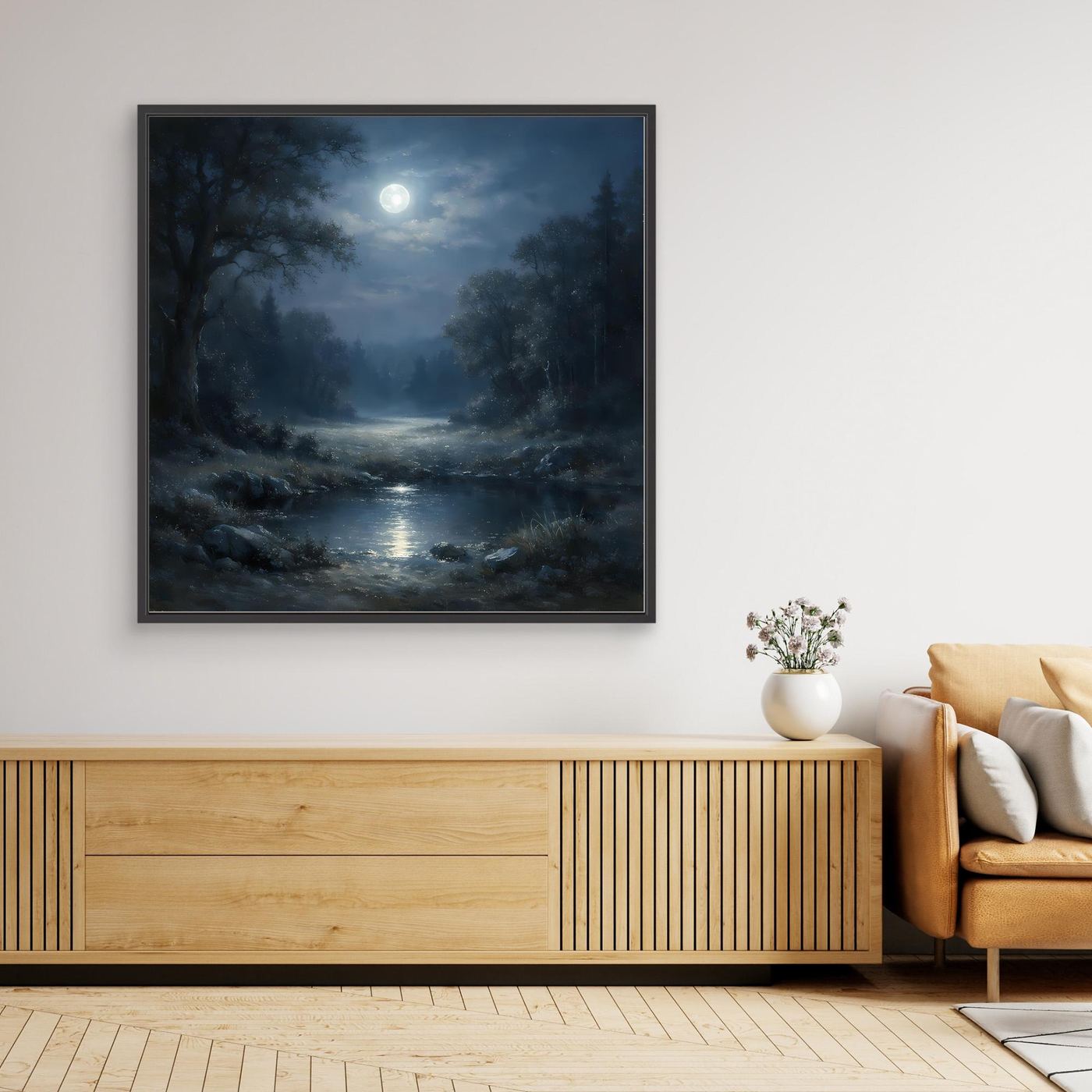 Leinwandbild mit mondscheinartigem Wald-Landschaftsmotiv, schwarzem Rahmen