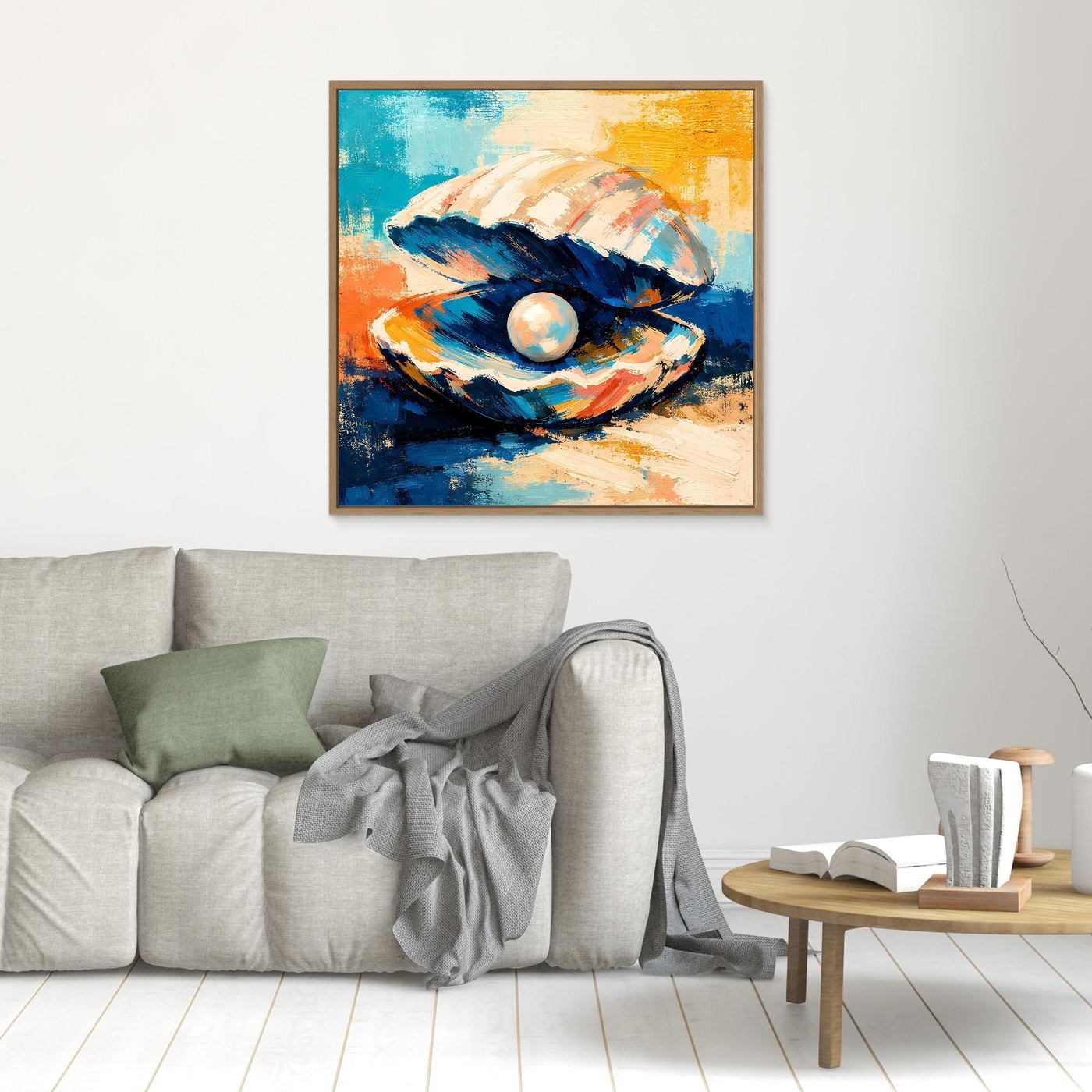 Framed wall art of abstract seashell with pearl, blue and orange brushstrokes