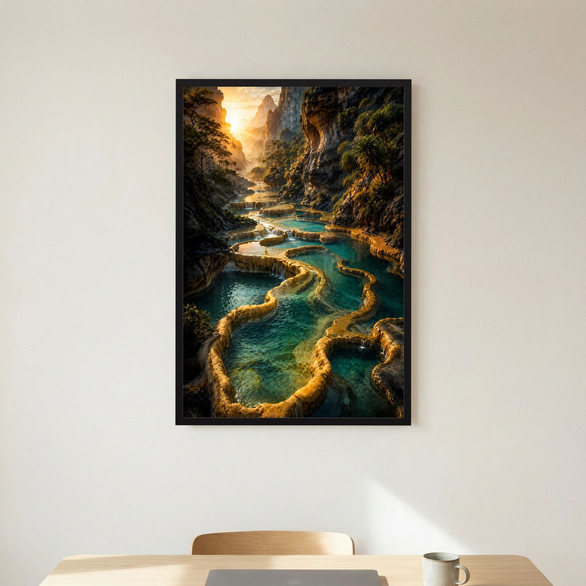 Poster im Hochformat mit schwarzem Rahmen: verschlungene Wasserbecken in Felslandschaft.