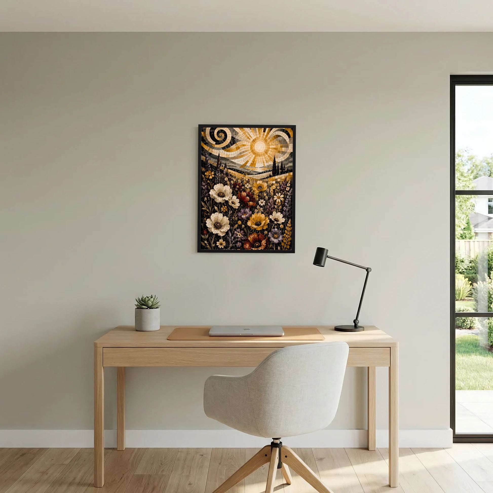 Quadratisches Poster mit goldener Sonne über dunklem Blütenmosaik