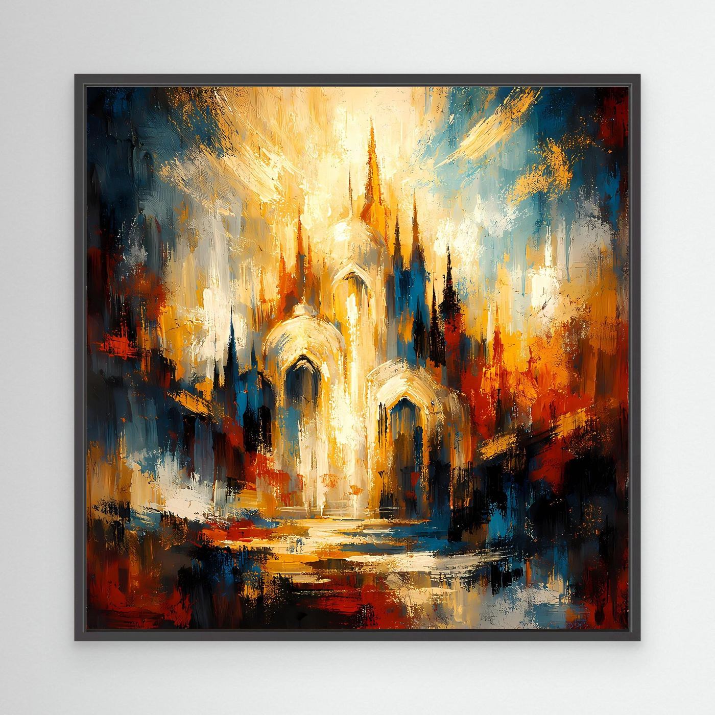 Leinwandbild „Goldene Kathedrale“: abstrakte Architektur in Blau-Gold mit rotem Akzent, schwarzer Rahmen