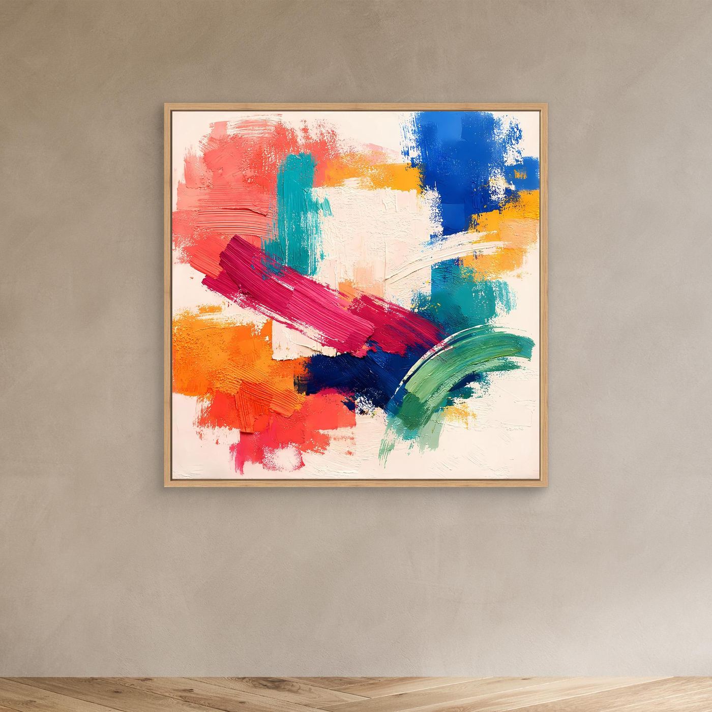 Abstract canvas wall art in a light oak frame with red, blue, green, yellow brushwork