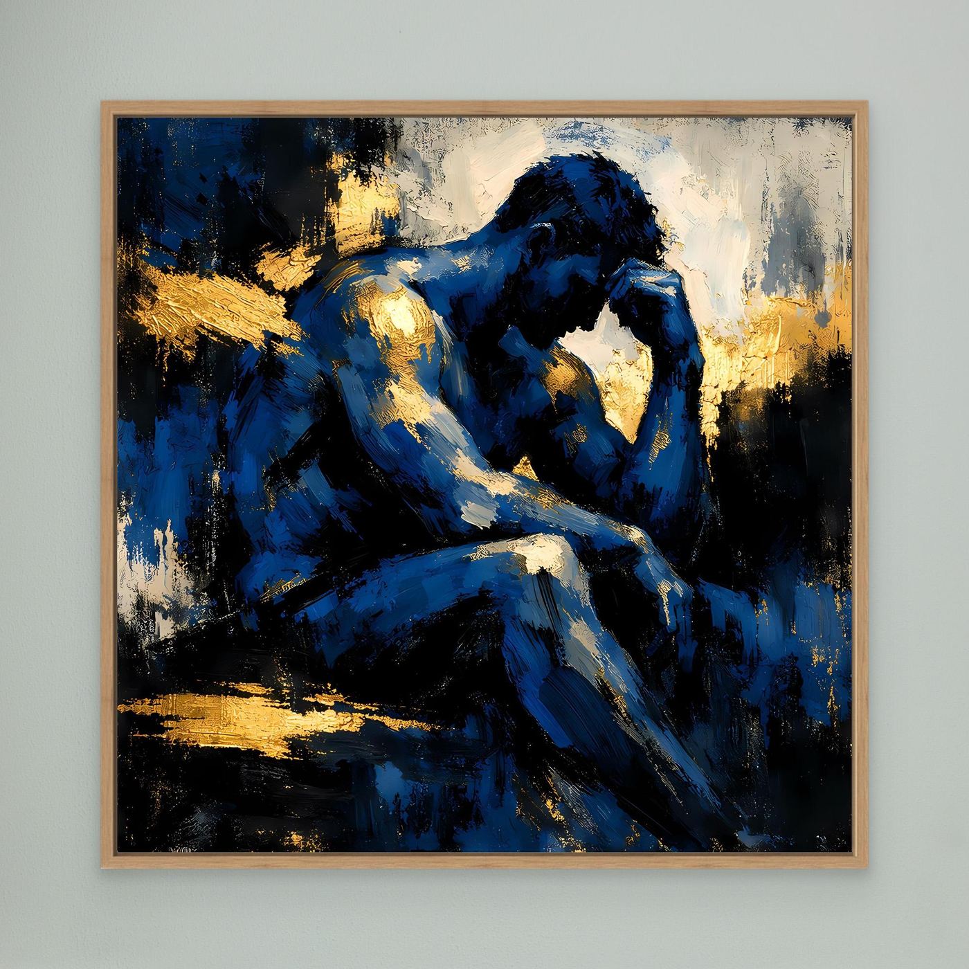 Leinwand Der Denker in Blau | Abstraktes Männersilhouette Wandbild Gold